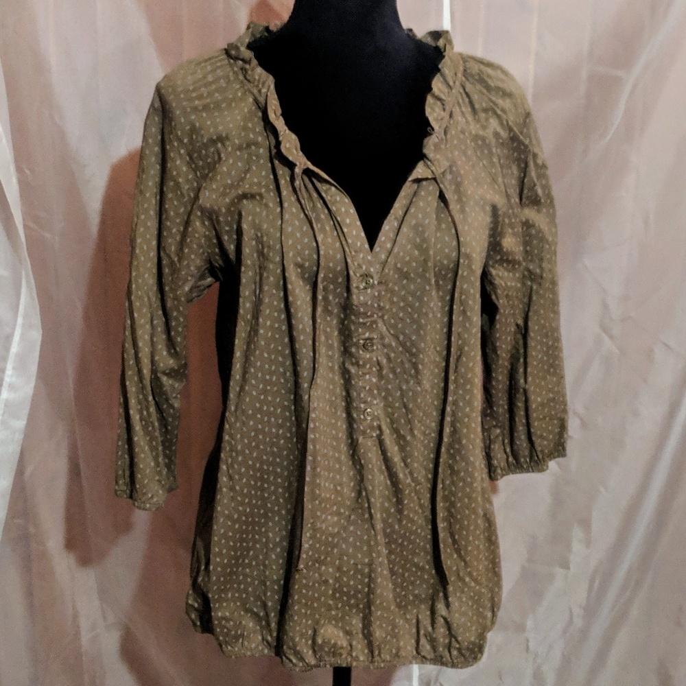 Loft Green Polka Dot Ruffle Collar Top Size Medium